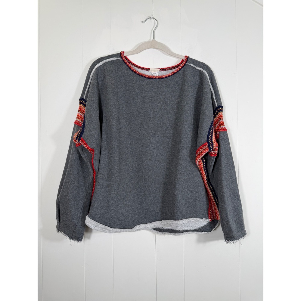 Natural Life Gray Boho Knit Trim Sweatshirt Raw Edge Oversized S/M Granola Girl